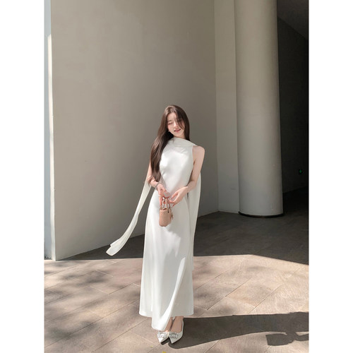 飘带无袖连衣裙收腰背心长裙