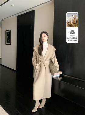 1XTWO 京圈新贵 轻奢羊毛双面呢大衣女高级可拆腰带连帽毛呢外套