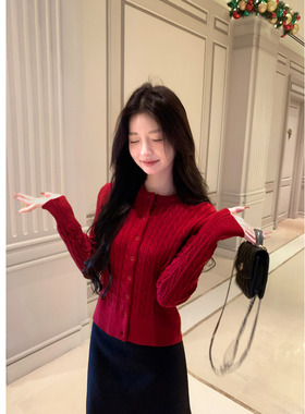 1XTWO 编织温柔 复古红色圆领麻花长袖针织衫女外穿显瘦毛衣开衫
