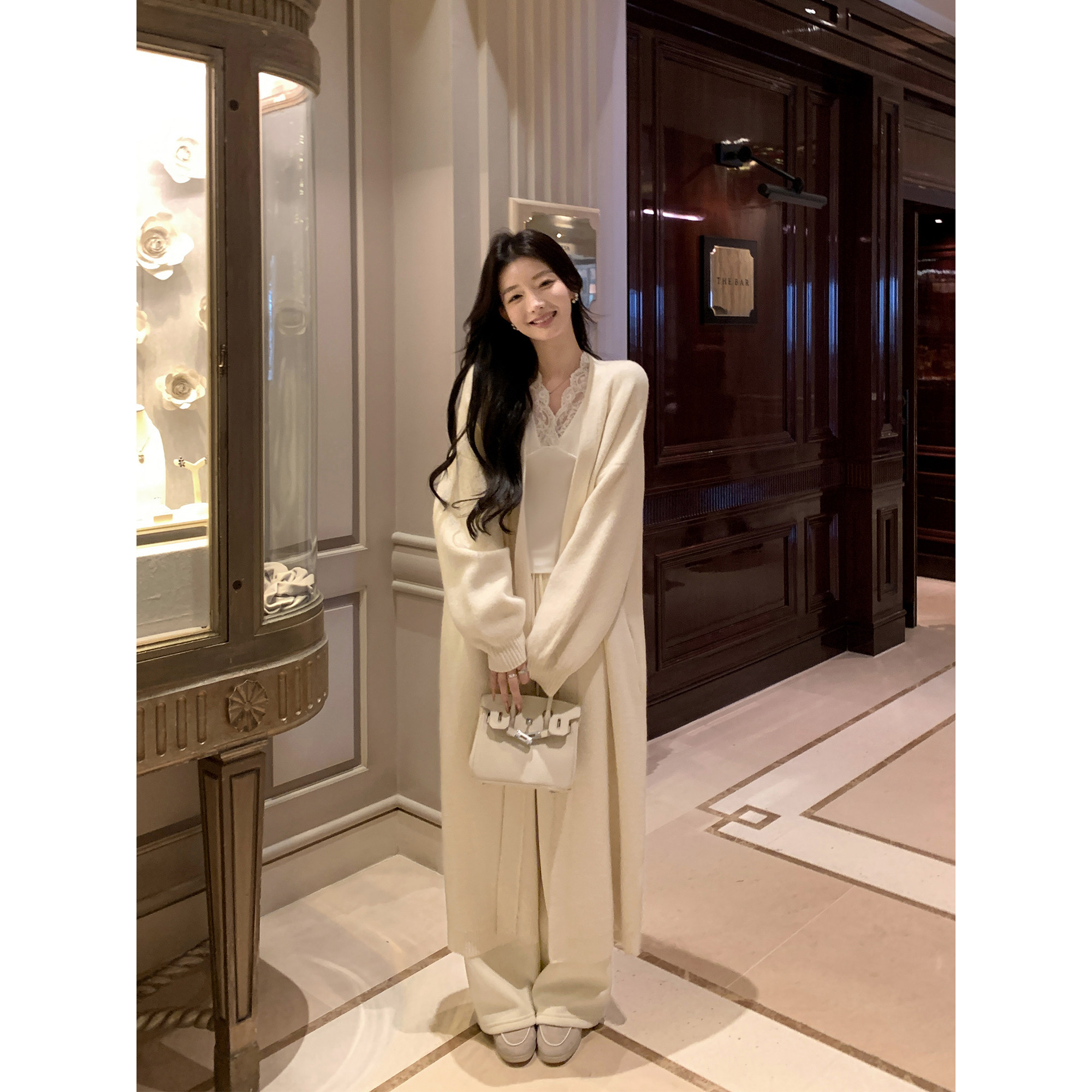 1XTWO绯色黄昏 慵懒松弛长款针织开衫女气质宽松白色毛衣外套