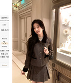 人字纹毛呢外套女a字百褶半身裙气质小香风套装 1XTWO 心动赴约