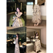 1XTWO 复古印花雪纺半身裙女高腰宽松褶皱晕染碎花长裙 香雾白茶