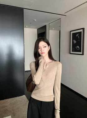 1XTWO  温暖对白 黑色圆领长袖针织衫T恤女气质修身内搭打底上衣