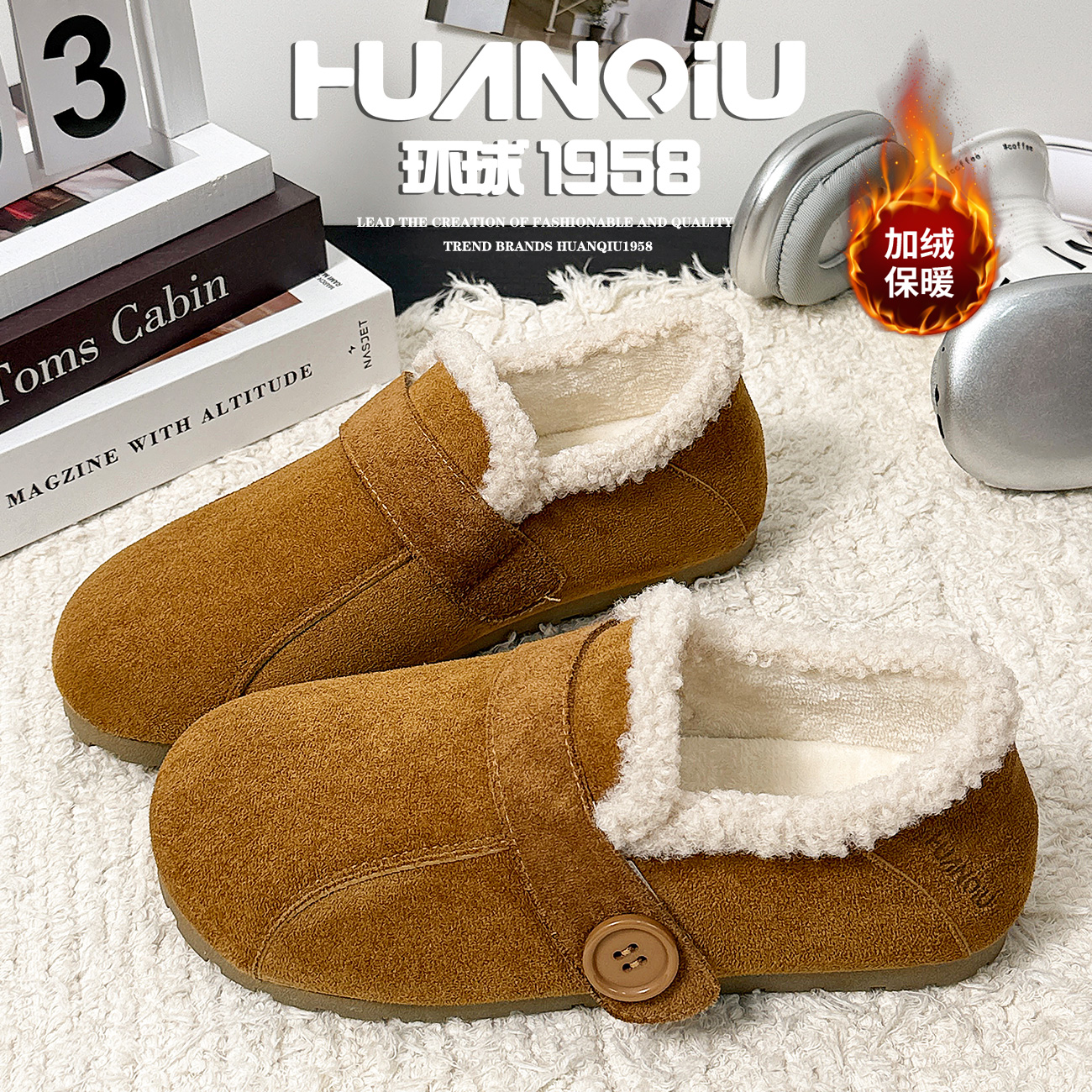 环球官方旗舰店加绒棕色勃肯鞋女