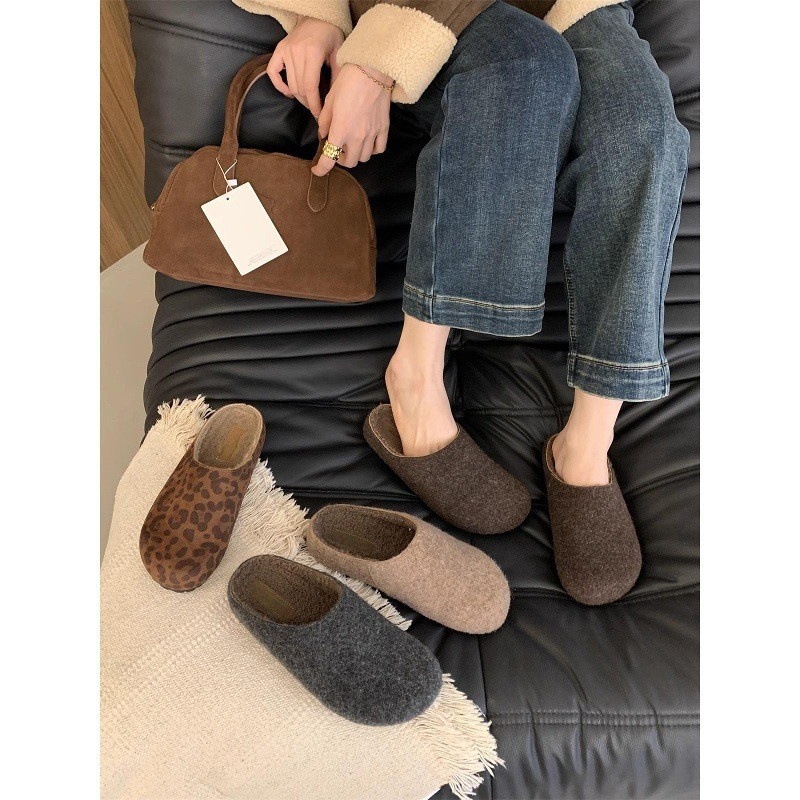 加绒勃肯鞋女厚底半拖秋冬新款毛毛拖鞋女外穿一脚蹬包头拖