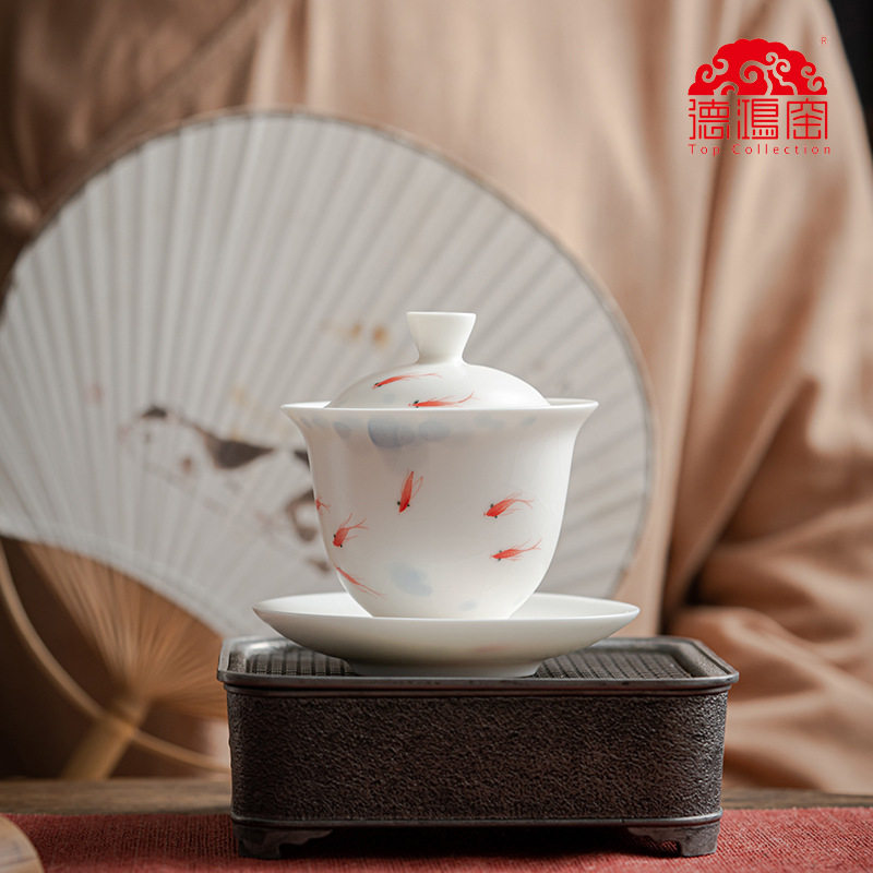 景德拟古盖碗汝窑开片可养三才泡茶碗手绘鱼趣茶杯家用防烫高档