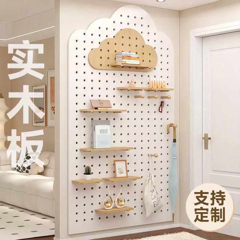 实木洞洞板置物架一体入户玄关墙上收纳架衣帽架北欧墙面展示架子