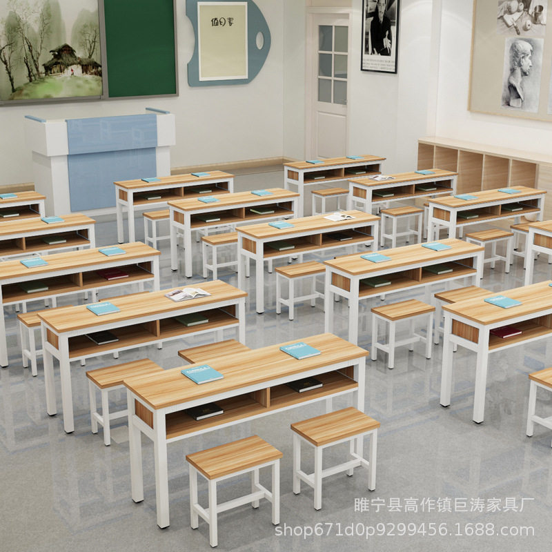 双层带抽屉课桌补习辅导班学校课桌椅单人双人三人位学生培训课桌