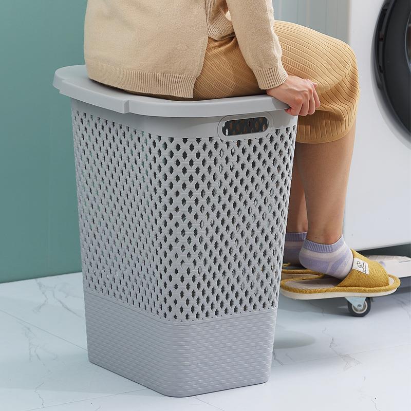 生家用塑带盖镂EDB空脏衣篮料脏衣篓浴衣篓卫间洗衣塑料筐圆子形