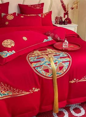 尊客件||吾家有喜结婚四套大红色床单全纯EFK棉喜被龙凤刺舒绣棉