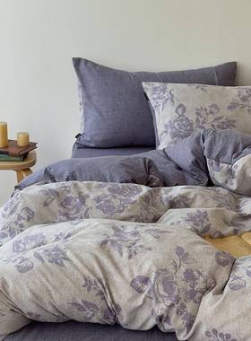 亲四肤裸睡高克重原麻四件套被罩印花季通用SWI套可机被床单洗三