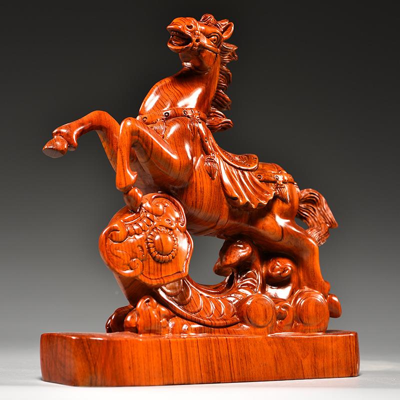 工花梨木雕马到成功摆件实木质十生二厅肖马家居客办公室LIJ装饰