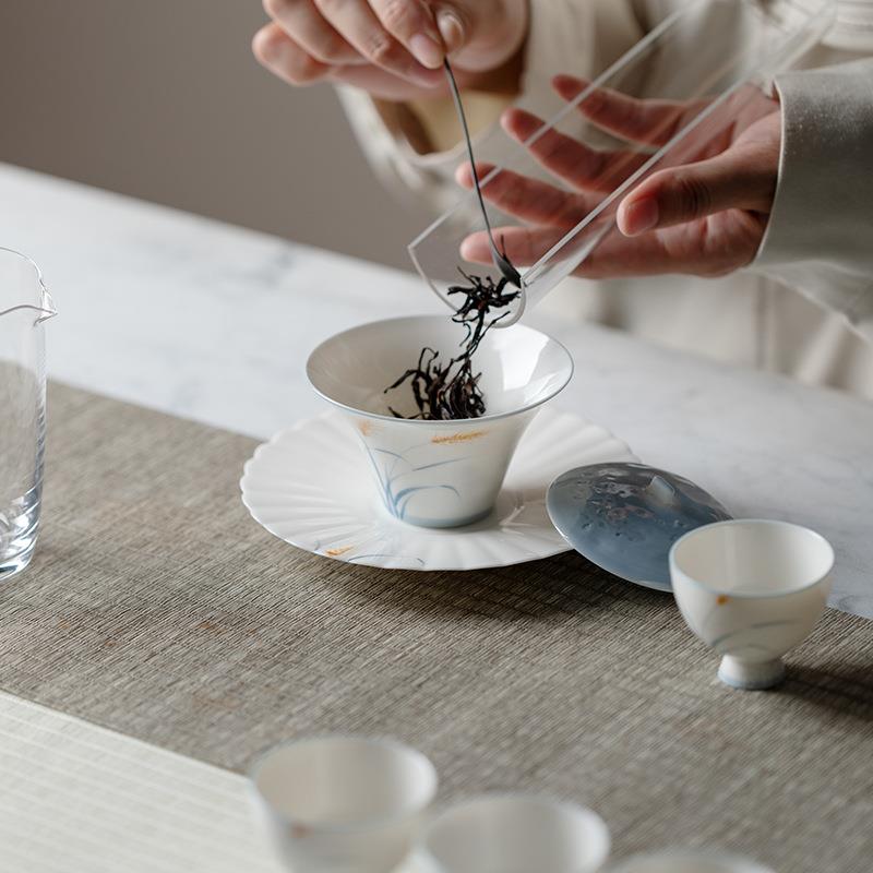 束XMF刻纯手绘菊瓣壶白瓷茶承点盘养碗壶干泡台小茶盘陶瓷盖托单