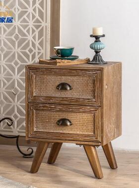 民简宿RSI约复古编美式床头柜实木双抽储物小户柜型收纳卧室藤床