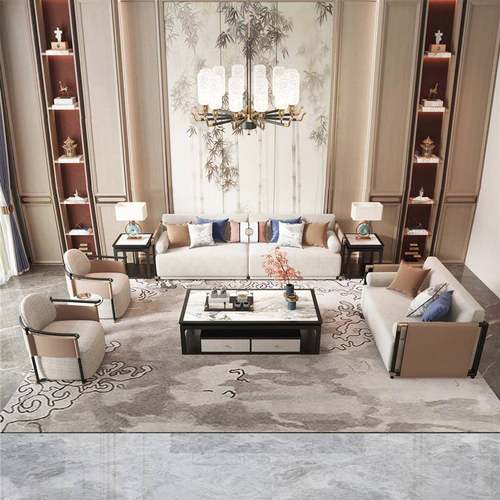 户新中式木大沙发组合现KIG代简约布艺实轻奢皮质小型样板房客厅