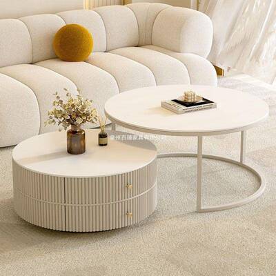 奶油岩12685板茶风几客厅几家用户型现代简约轻奢法式圆形茶小桌