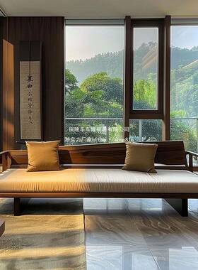 新式黑12117胡桃白蜡木中罗汉床榫卯结构发沙床酒店民宿实木罗全