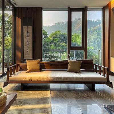 新式黑12117胡桃白蜡木中罗汉床榫卯结构发沙床酒店民宿实木罗全