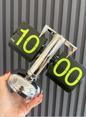 创意机械电子翻页时钟木扩香动檀BSI自木桌面实复古摆件座钟复古