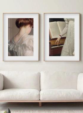 美式古典人物复古钢琴QTQ装饰画简约书艺小众客画厅卧室房文挂版