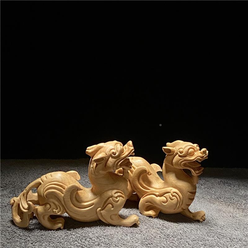 柏小黄杨木雕客貅厅摆件崖把玩貔动物手把件QYC草龙叶神兽文玩收
