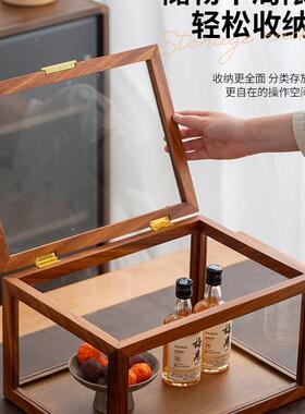美盒黑胡桃木五尘面玻北璃柜茶具收纳盒防THQ透明桌面整理子中式