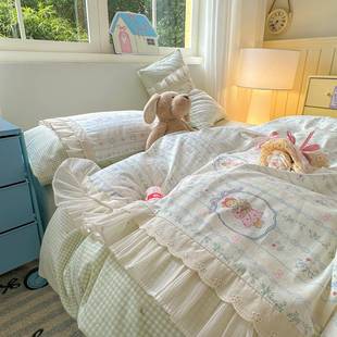 小清新全四件套公主风舍拼接蕾棉丝花边被纯棉床单套学RPV生宿三