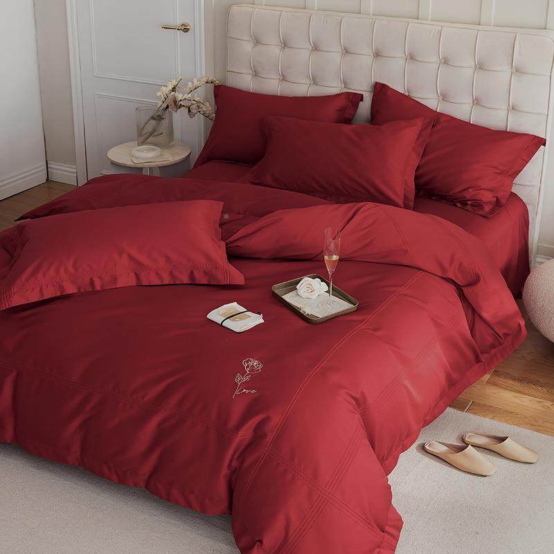 约KVP轻奢酒红色新0婚棉庆高档10支简刺绣长绒双人四件套结婚嫁喜