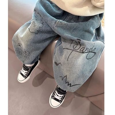洋气涂鸦~男童宽松加绒软牛仔裤秋冬季中小童束脚一体绒保暖裤子