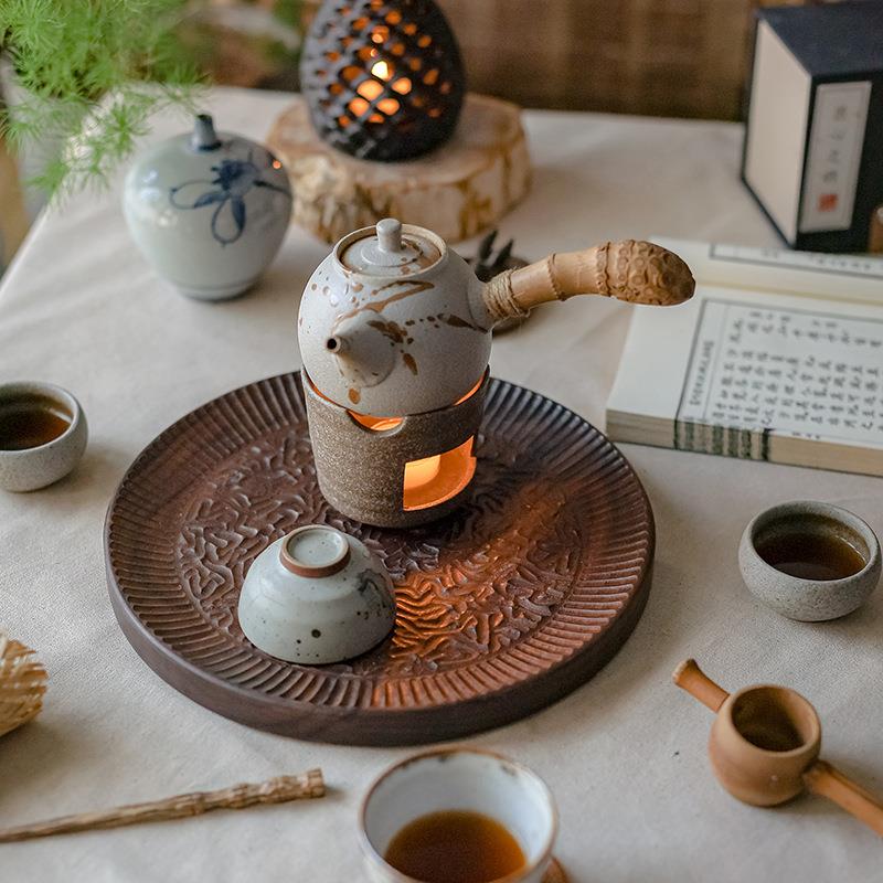 樱桃木圆盘日式家用实木托盘茶盘手工精雕黑胡桃碟子果盘茶点盘