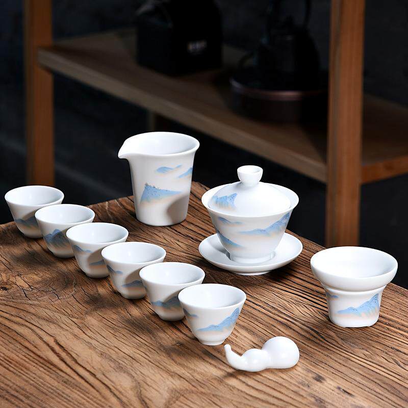 定彩瓷德化羊脂玉白瓷手绘套组办公家用功夫泡茶品茗杯茶具套装
