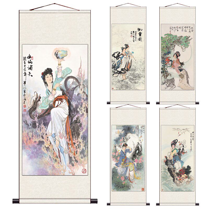 仕女图丝绸画绢画 客厅装饰画人物挂画布艺装饰玄关挂画飞天女