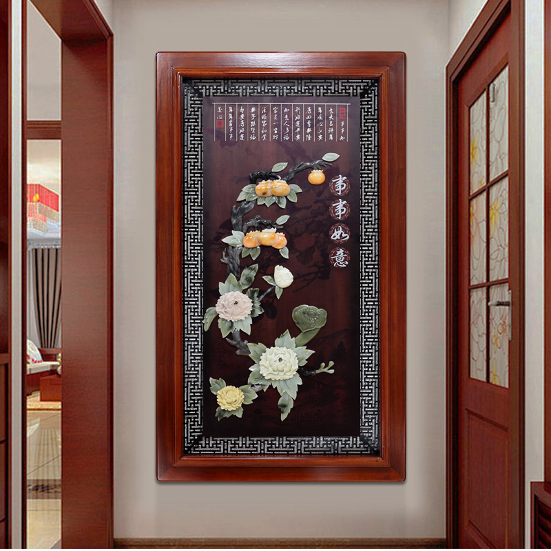 实木玉石画玉雕餐厅墙面壁画入门玄关装饰画竖版走廊尽头挂画大气