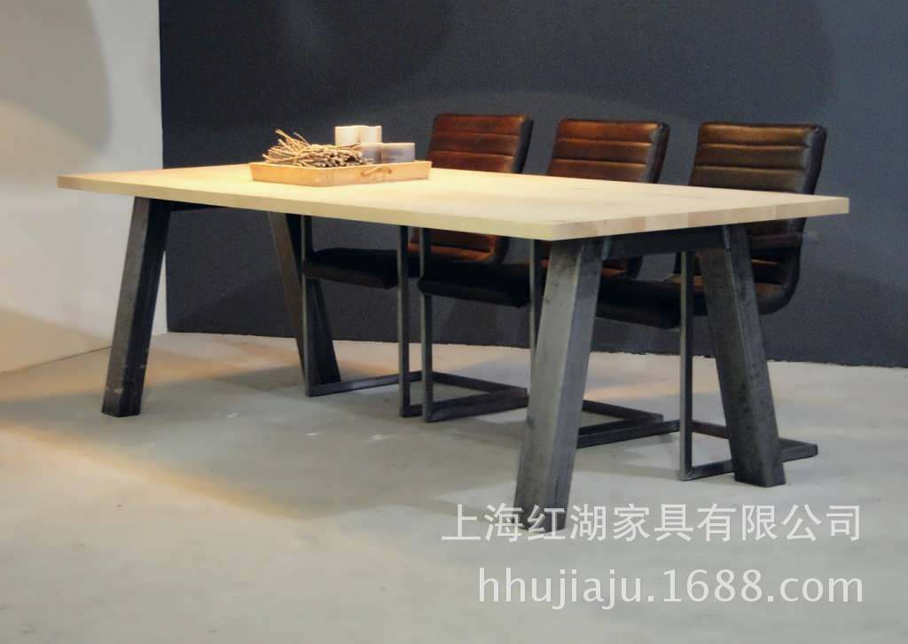 美式实木工装桌子 复古工业风铁艺餐桌实木加厚会议办公桌长书桌