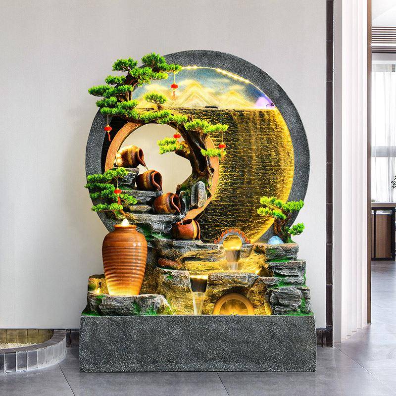 装直销假山水幕墙流水诗画屏风客餐摆OQG厅关圆形镂玄景观鱼缸饰