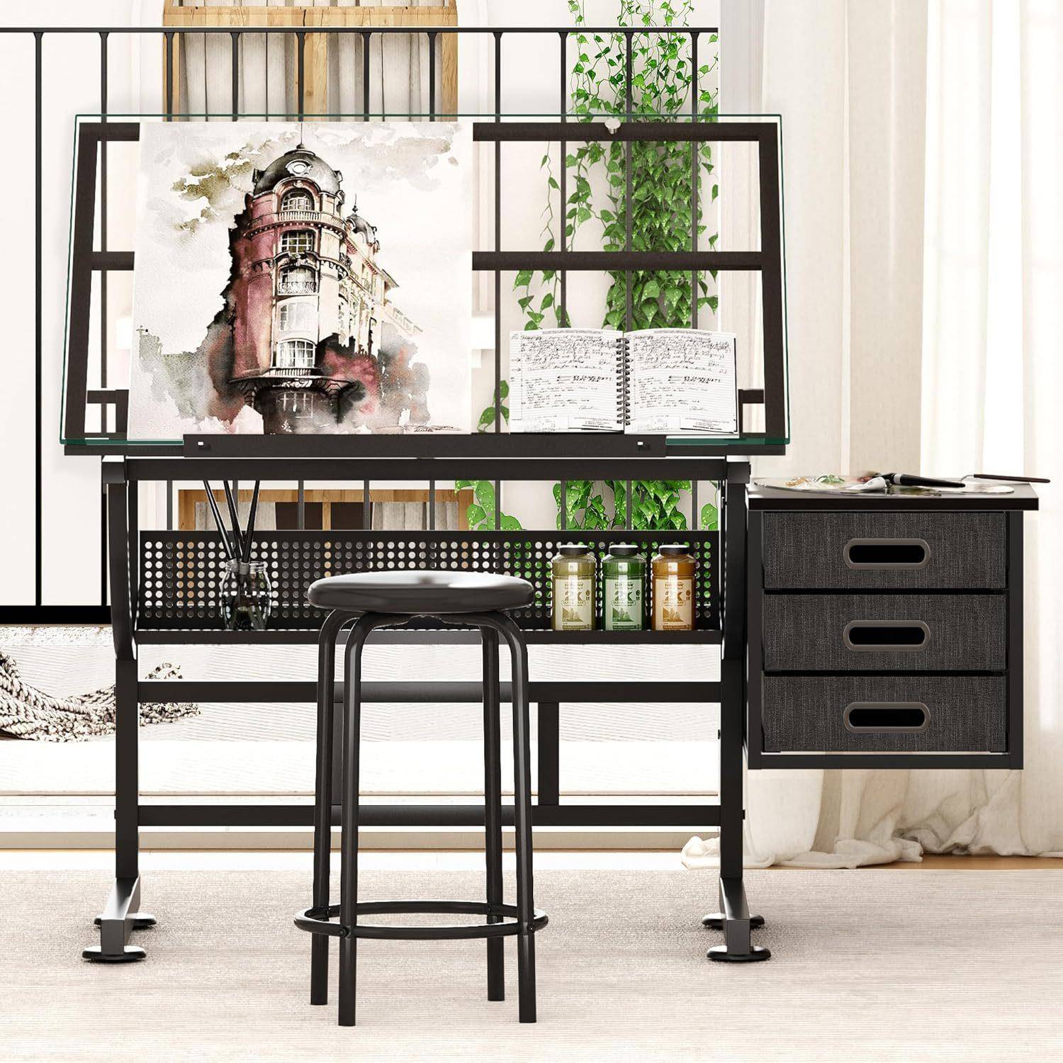 玻璃美术绘图桌书绘图画案美画术制图设画计师书桌工作台355画画