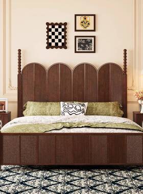 法复MP-313#古式实木床主卧室中古风1米8大床黑色美轻奢高式双人