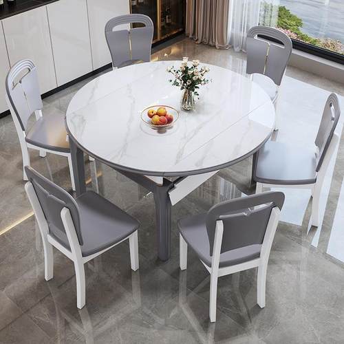 轻风全实岩木935#板餐桌饭现代小户型奢方圆两用伸缩亮光灰色品质