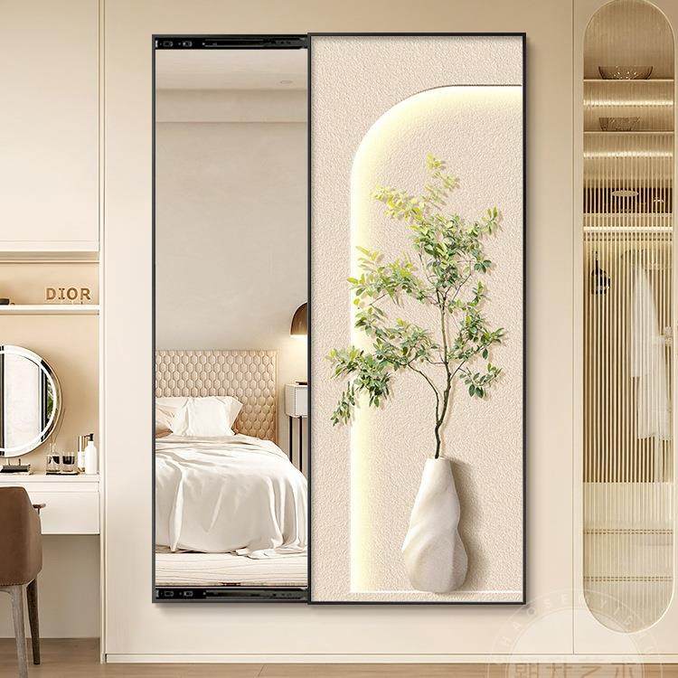 奶油风卧衣柜推拉隐藏F978HJ79室全身镜玄衣关过道绿植法式穿镜子