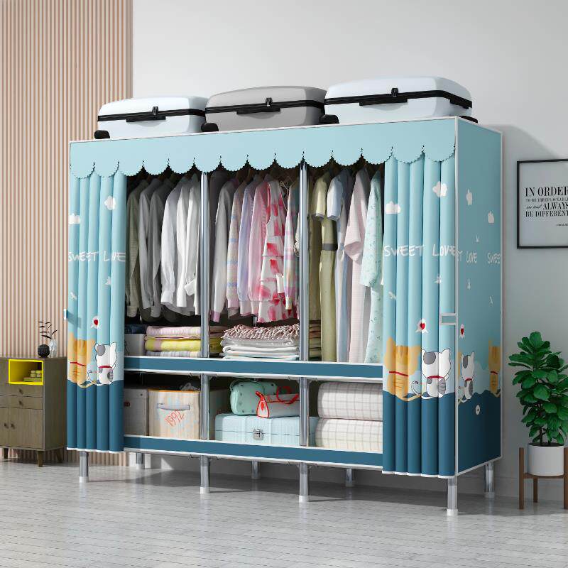 0A简易衣柜出租房用家用卧室结实耐用宿舍布衣柜加厚加粗全钢架衣