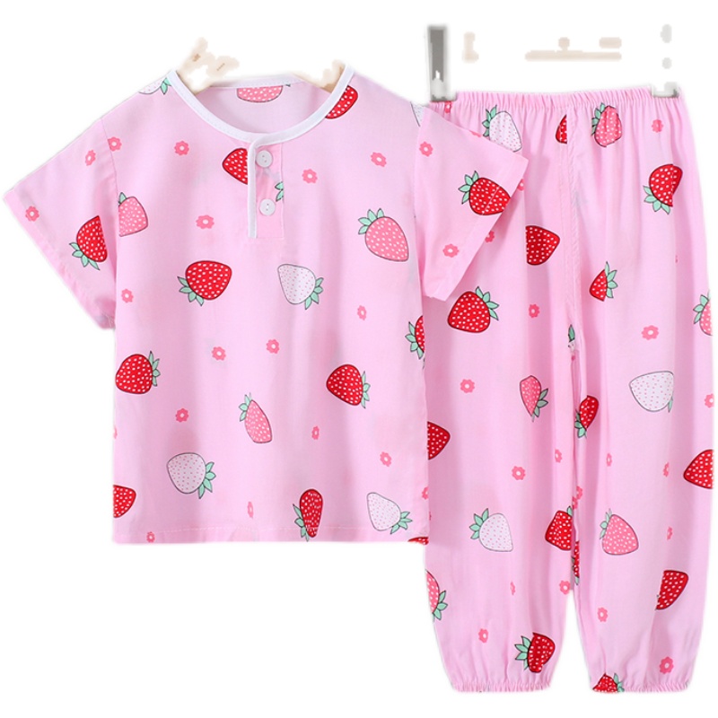 夏季儿童女孩薄款短袖长裤睡衣绵绸男童女童宝宝纯棉绸空调家居服