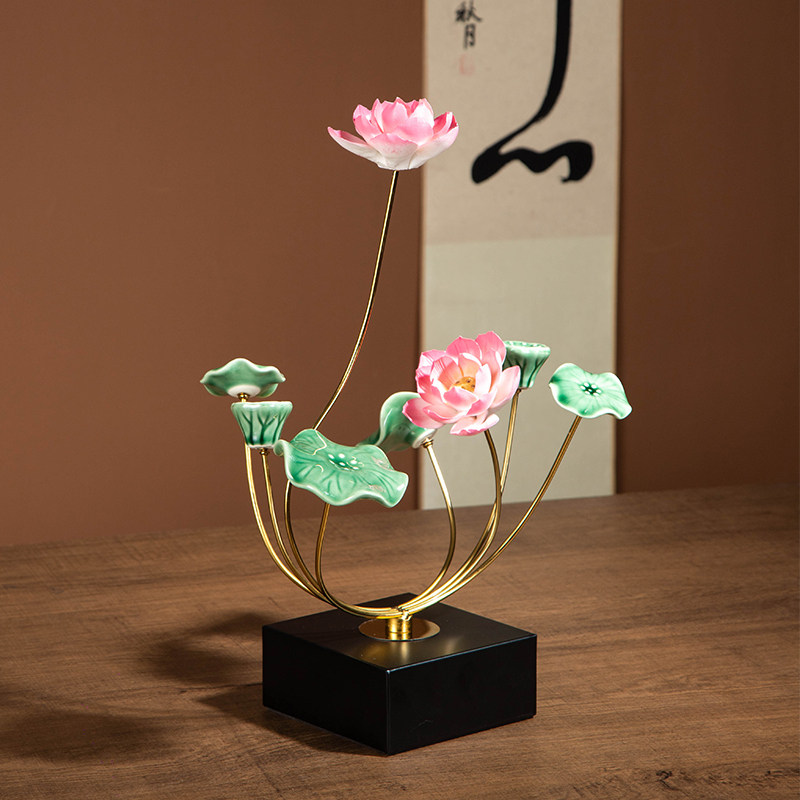 新中式荷花摆件陶瓷莲花家居装饰品客厅电视柜玄关酒柜乔迁礼品