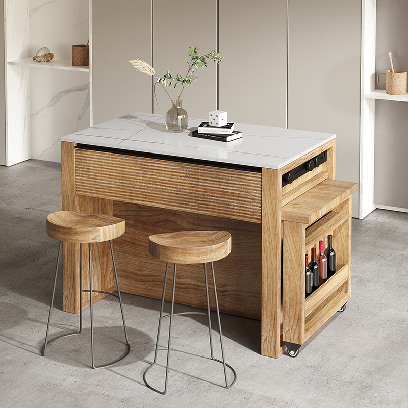 北欧岛台餐桌一体实木吧台岩板台面厨房中岛咖啡操作台茶水储物柜