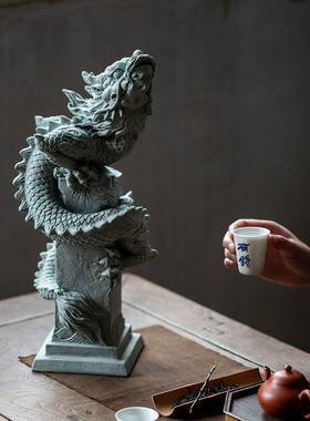 碌心   中式创意国潮盘龙石柱 青砂石逗兽记家居装饰摆件鱼缸造景