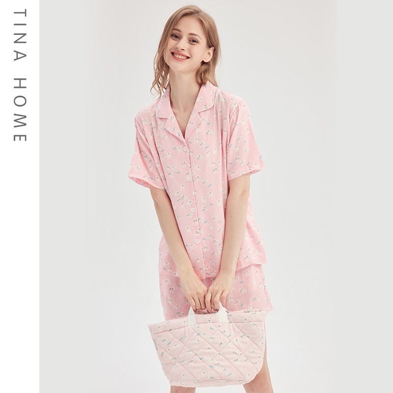 2025夏季超可爱粉色比熊睡衣纱布棉卡通v领短袖短裤家居服女