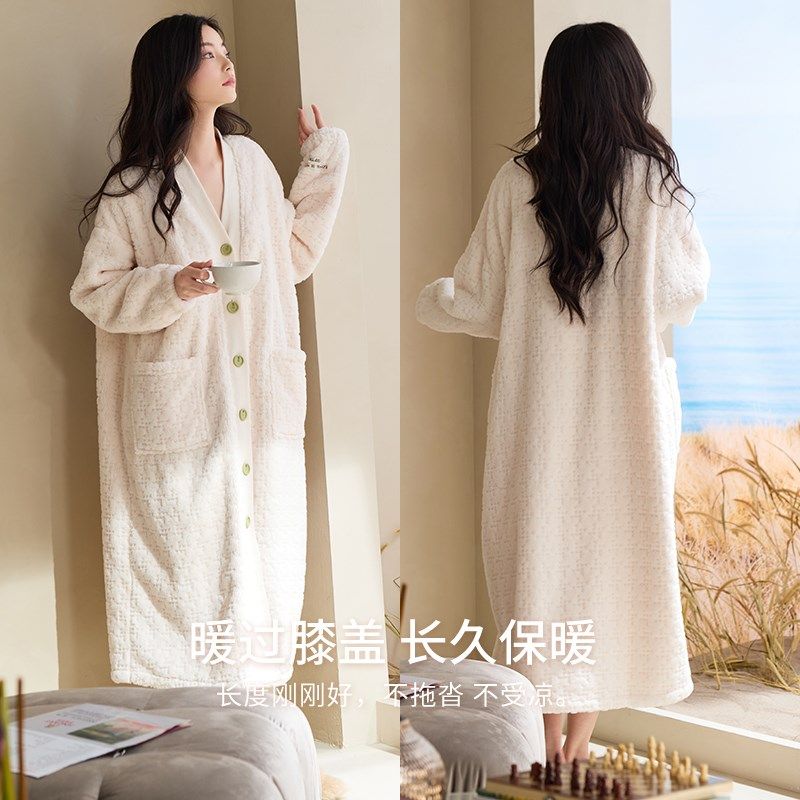 轩靓睡袍女冬季加绒加厚款保暖珊瑚绒浴袍法兰绒高级感大码家居服
