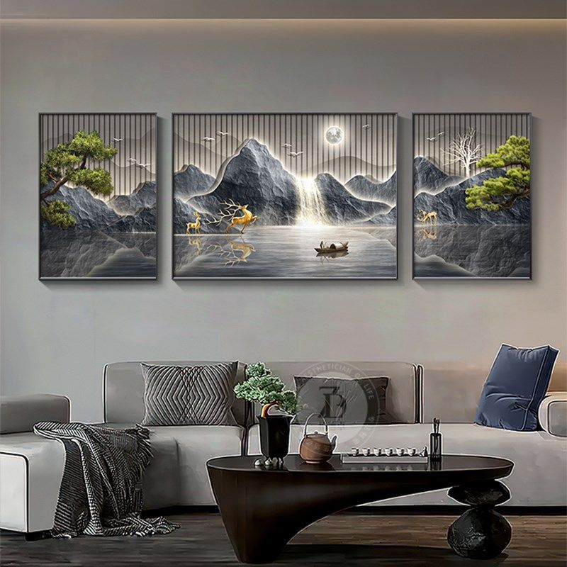 新款客厅沙发背景墙装饰画流水生财风景山水画轻奢高级感墙壁挂画