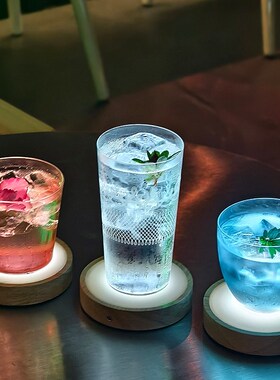 实木发光底座无线充电小夜灯触摸LED水晶酒瓶鱼缸杯垫小台灯摆件