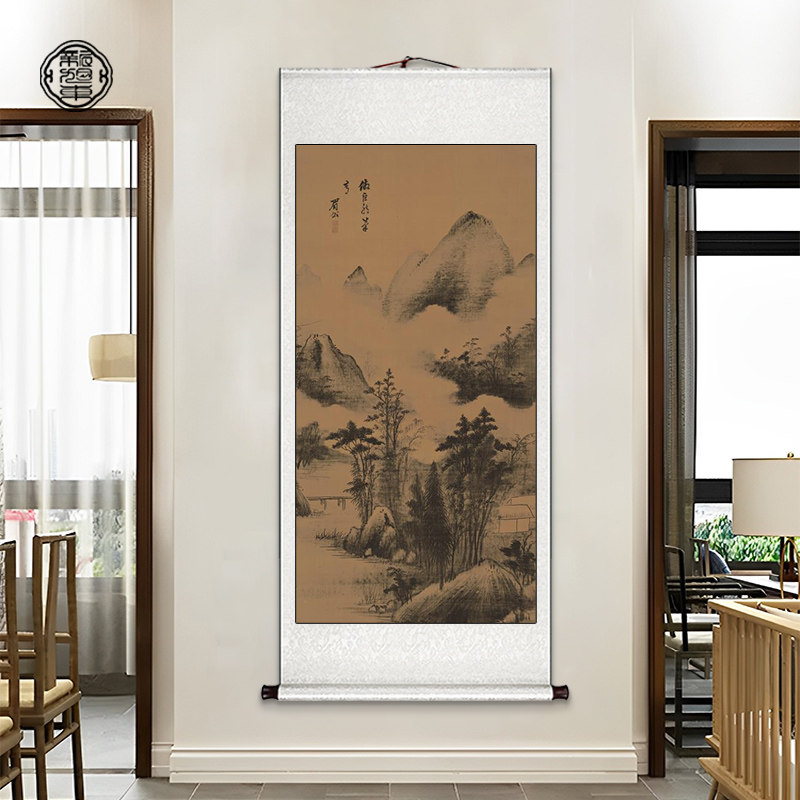 古画卷轴挂画新中式进门玄关装饰画走廊过道正对门中国风仿古壁画