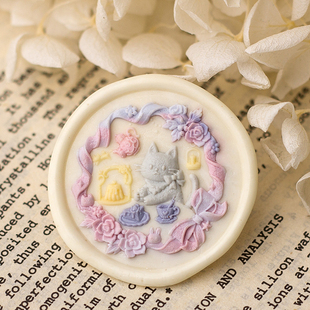 墨下【猫咪茶会】激光浮雕火漆印章章头蜡粒手柄套装礼盒信封封口